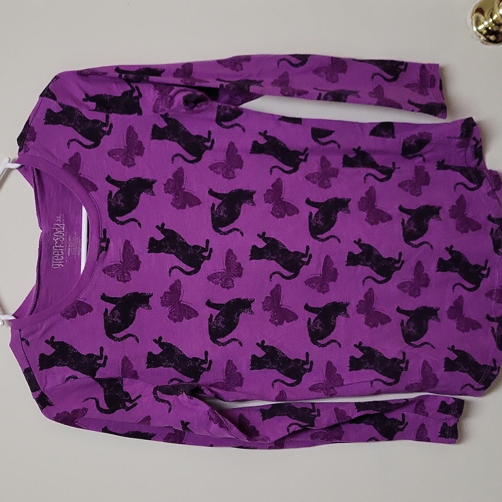 Green Soda Purple Long Sleeve Crewneck Shirt with Cats and Butterflies